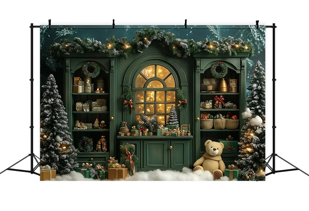 Toile de fond photo Noël Étagère Verte Vintage et Ours Mignon GQ58-15