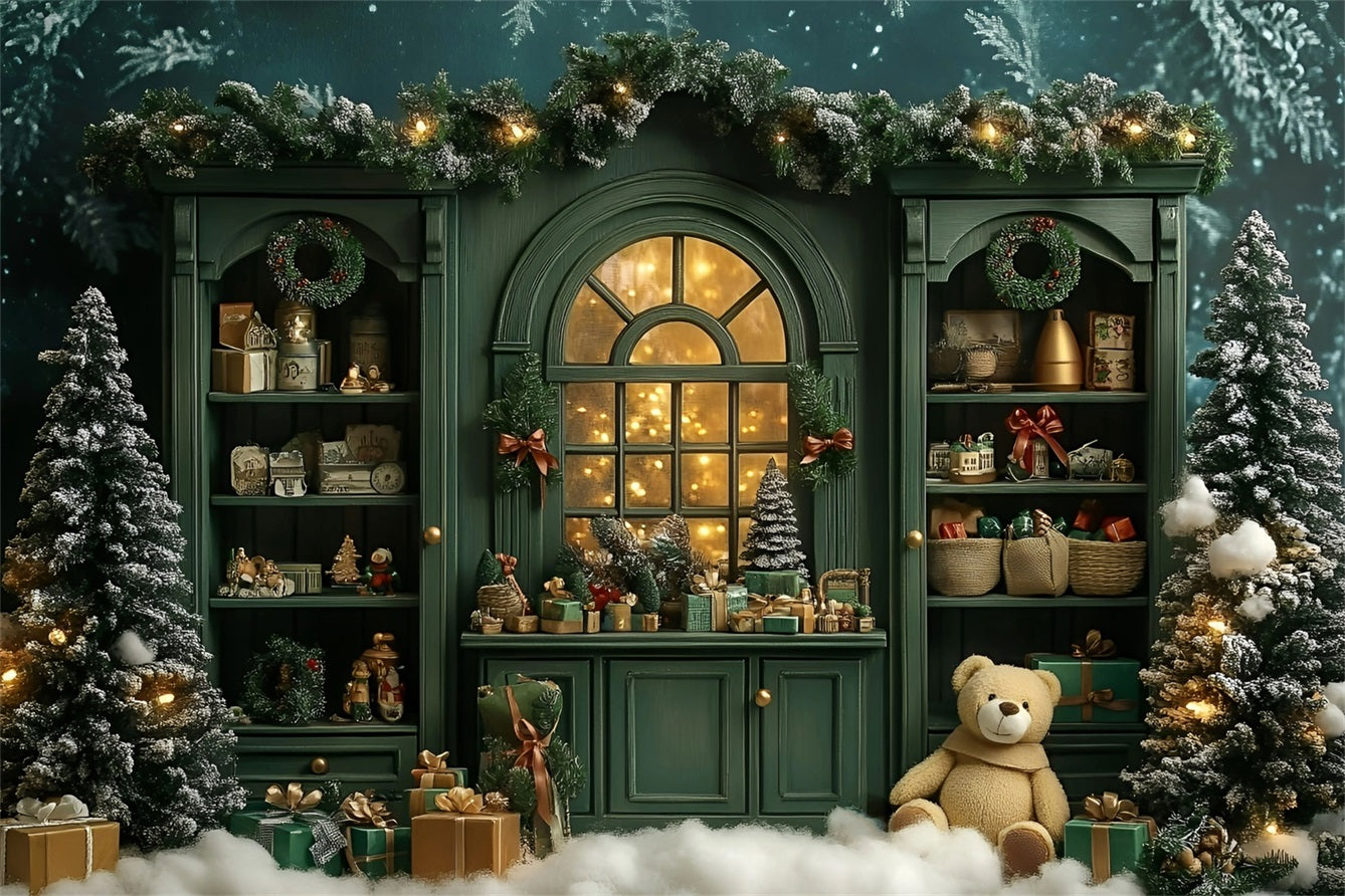 Toile de fond photo Noël Étagère Verte Vintage et Ours Mignon GQ58-15