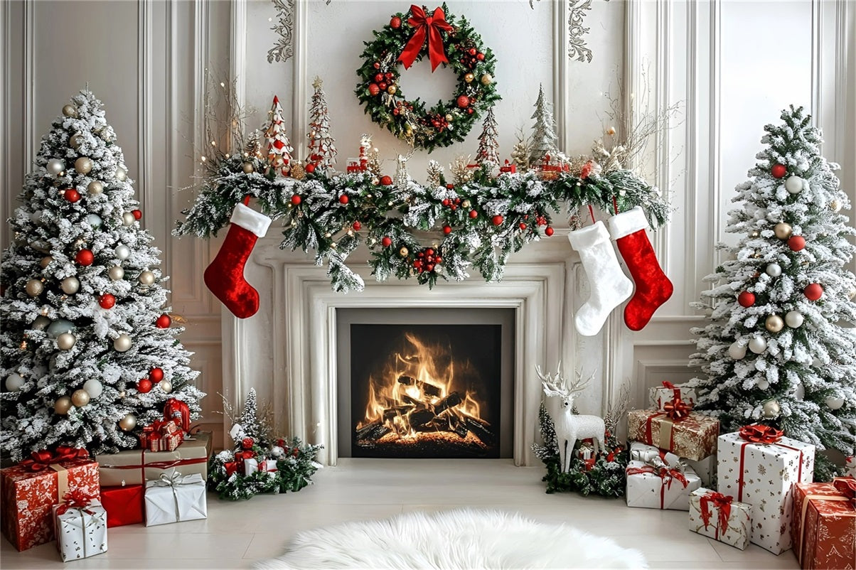 Toile de fond photo Noël Cheminée Mur Blanc Moderne GQ58-16