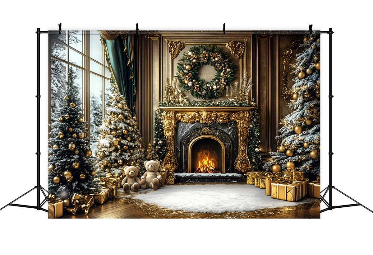 Toile de fond Noël Cheminée Mur Doré de Luxe et Ours GQ58-17