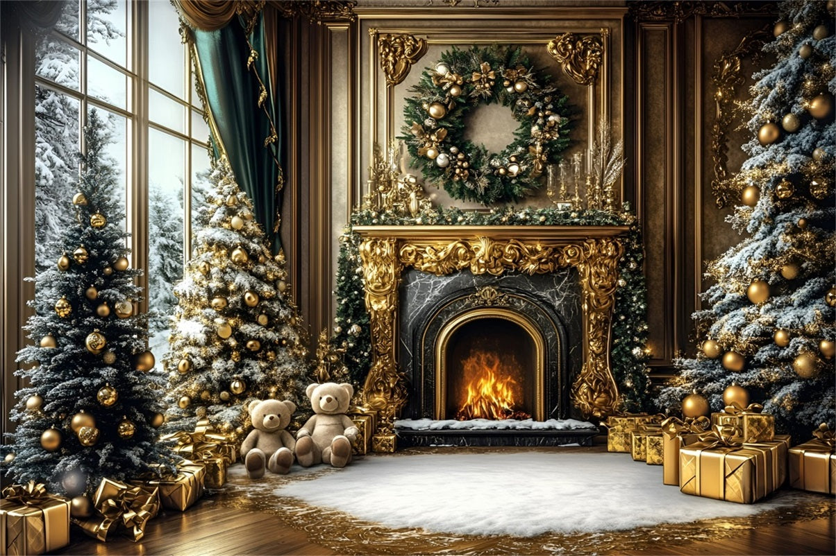 Toile de fond Noël Cheminée Mur Doré de Luxe et Ours GQ58-17