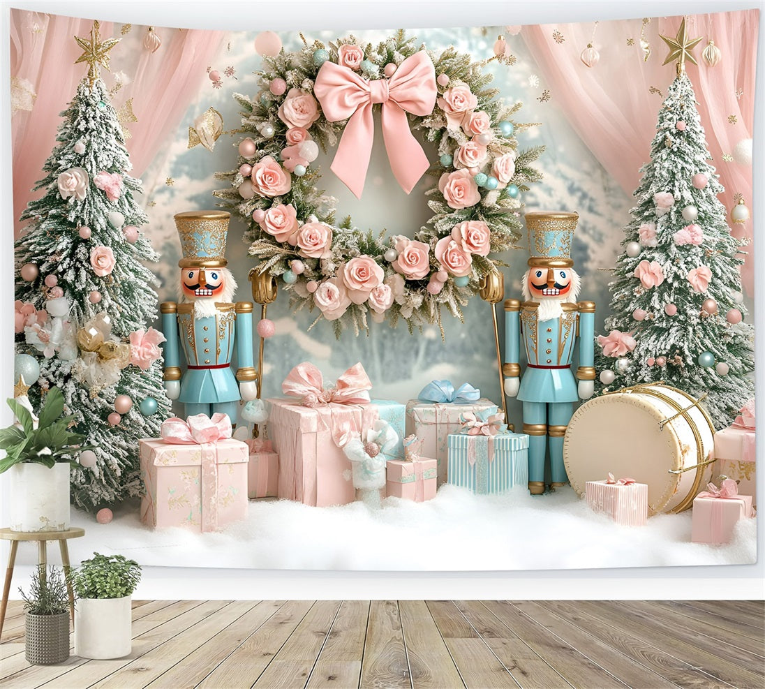 Toile de fond Noël Couronne Rose avec Nœud et Fleur GQ58-22