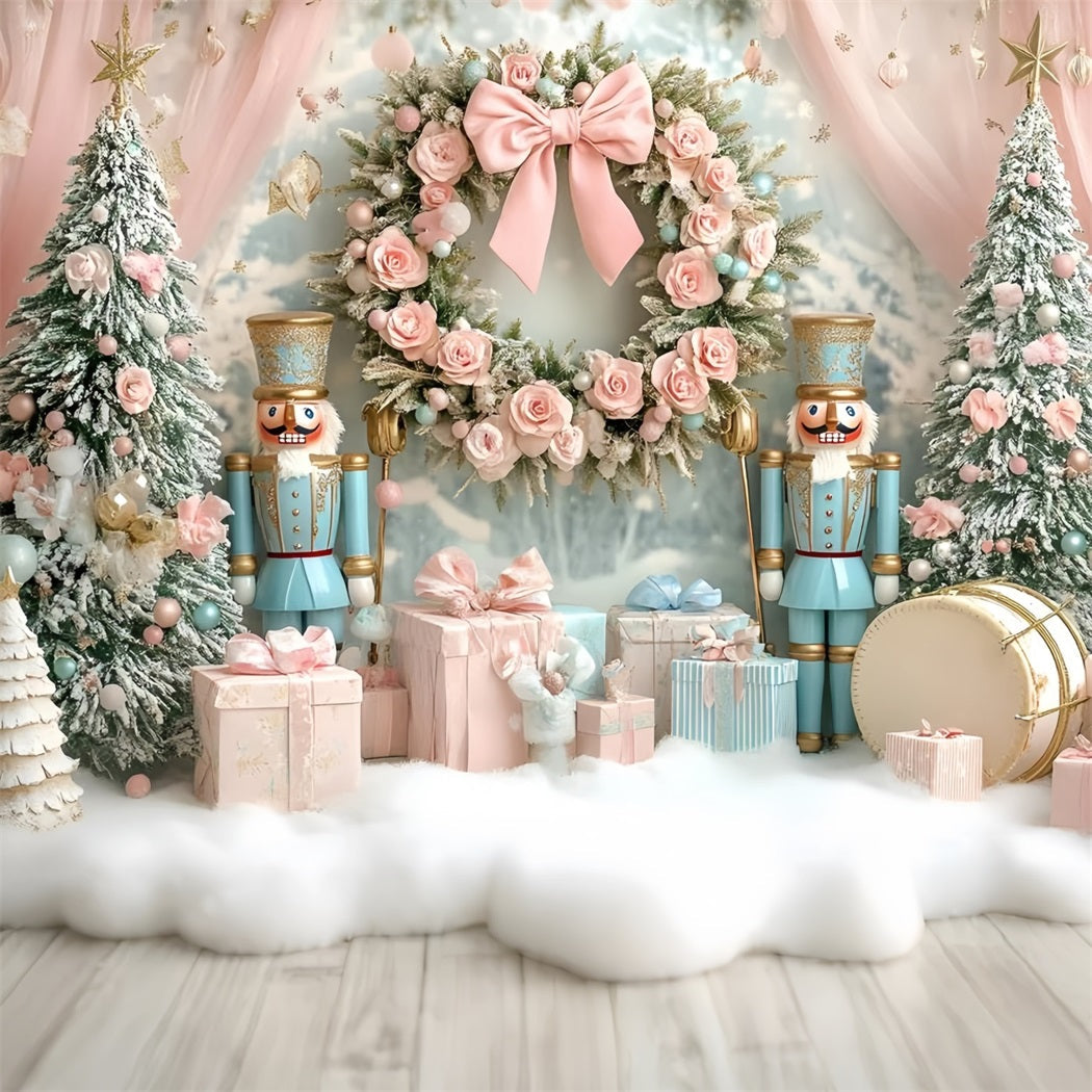 Toile de fond Noël Couronne Rose avec Nœud et Fleur GQ58-22