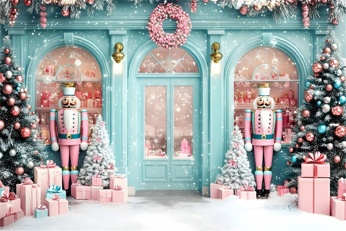 Toile de fond photo Noël Devanture Enneigée Casse-Noisette Pastel GQ58-25