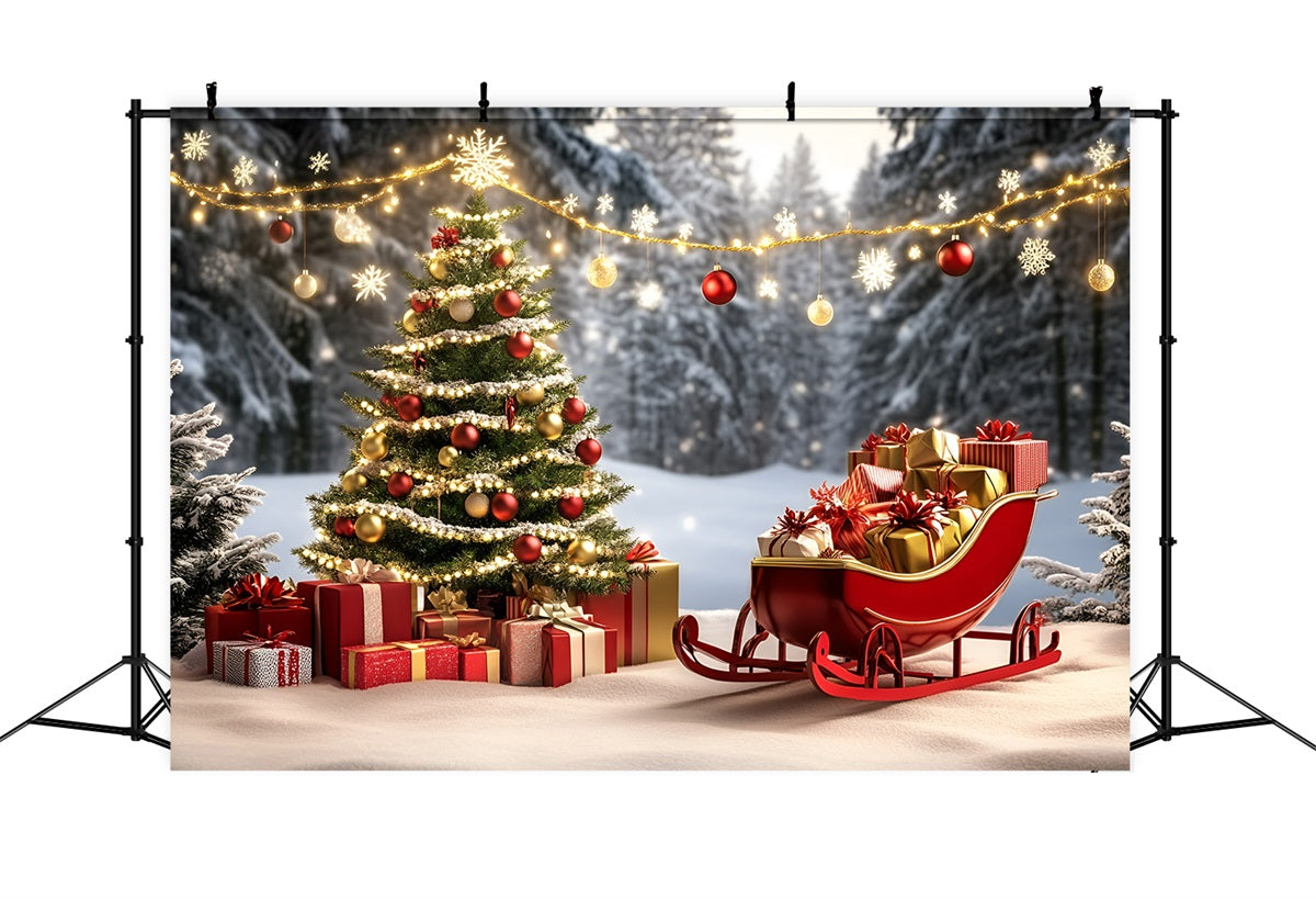 Toile de fond Noël Traîneau Rouge et Cadeaux Dorés GQ58-27