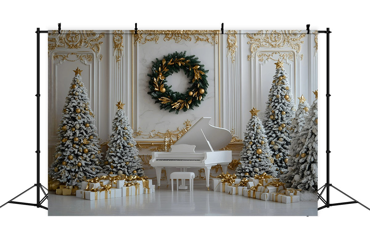 Toile de fond photo Noël Piano Blanc et Décor Doré GQ58-28
