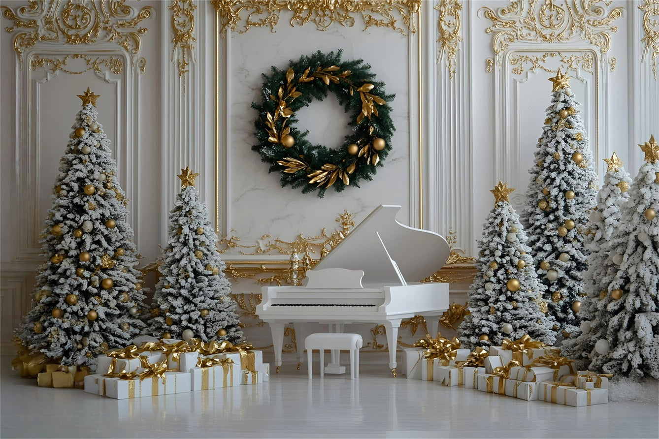 Toile de fond photo Noël Piano Blanc et Décor Doré GQ58-28