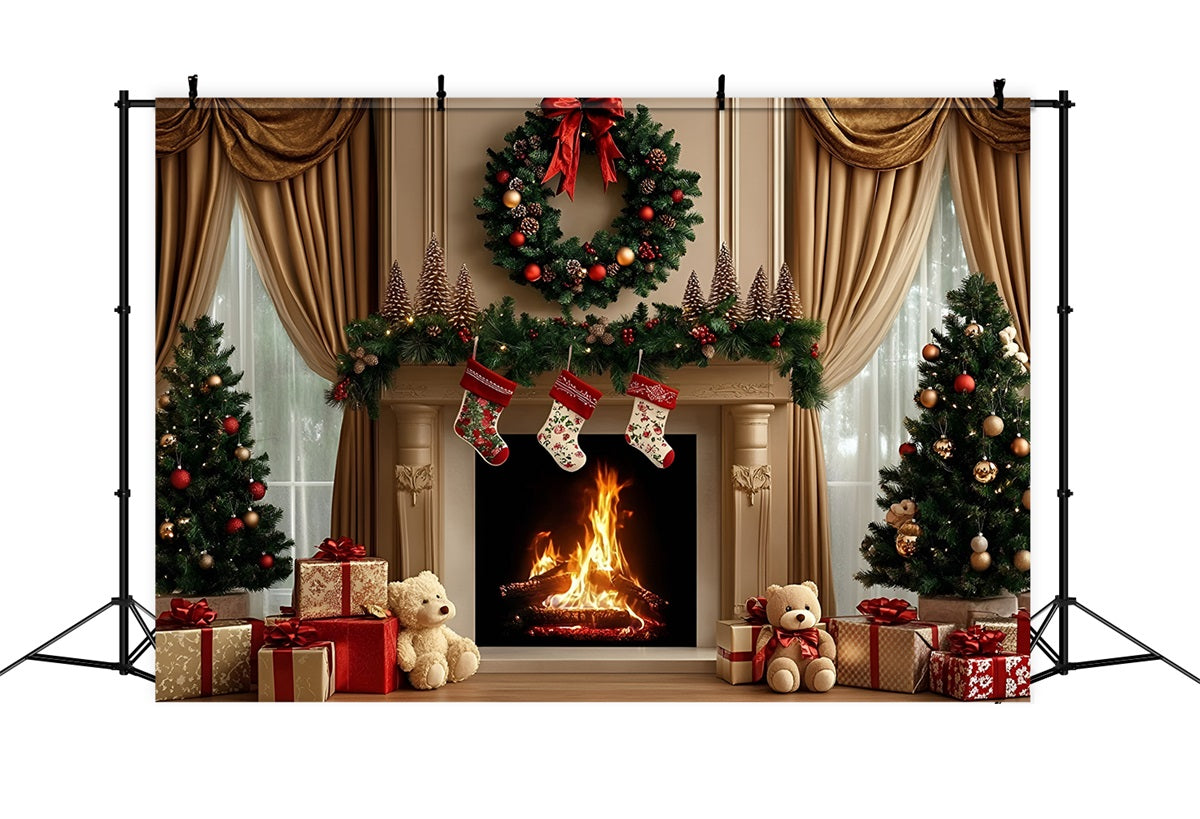 Toile de fond photo Noël Cheminée avec Couronne et Ours Cadeaux GQ58-29