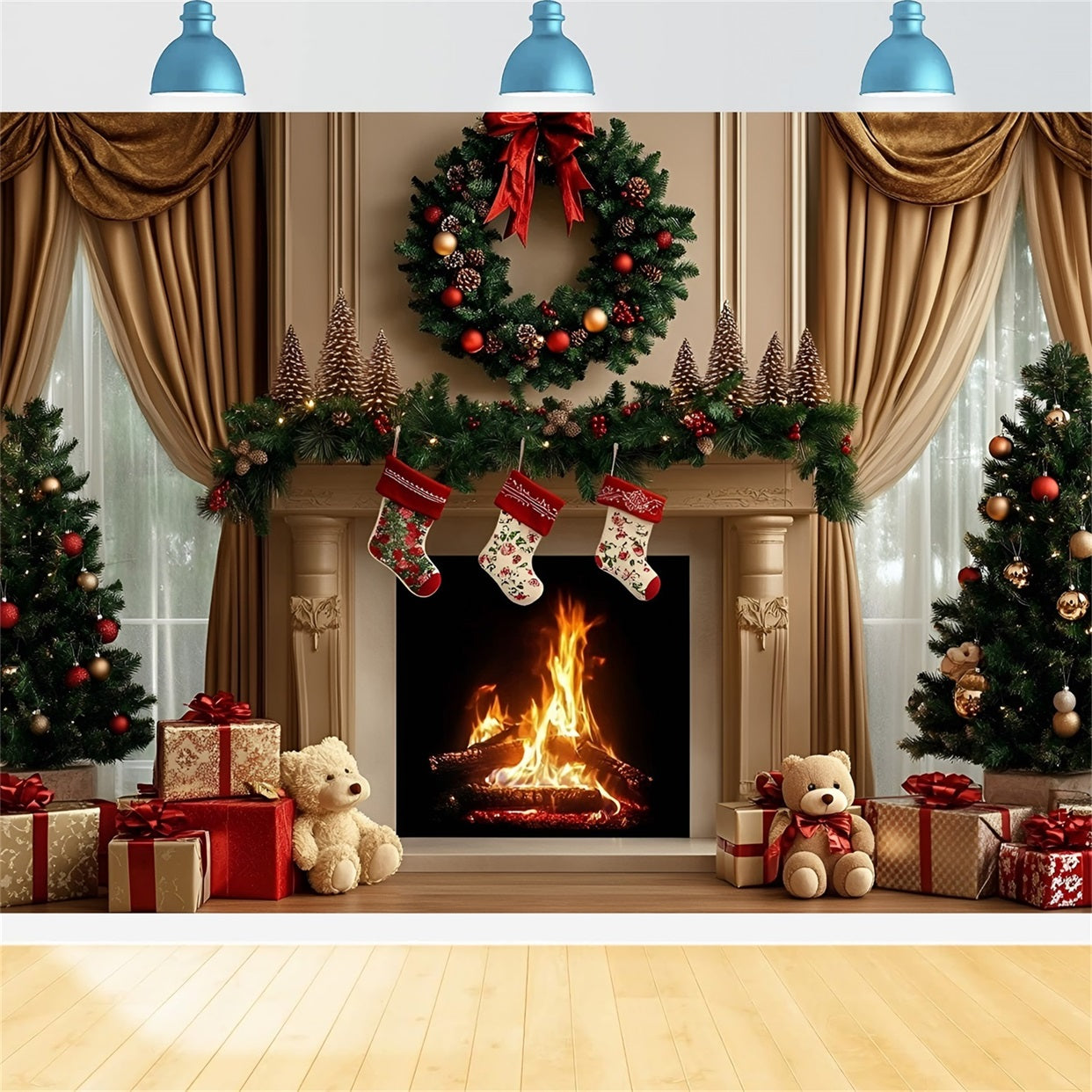 Toile de fond photo Noël Cheminée avec Couronne et Ours Cadeaux GQ58-29