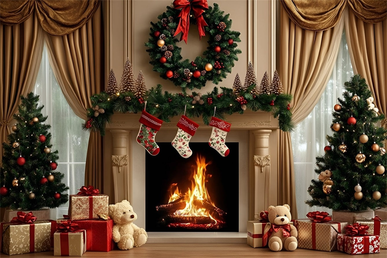 Toile de fond photo Noël Cheminée avec Couronne et Ours Cadeaux GQ58-29