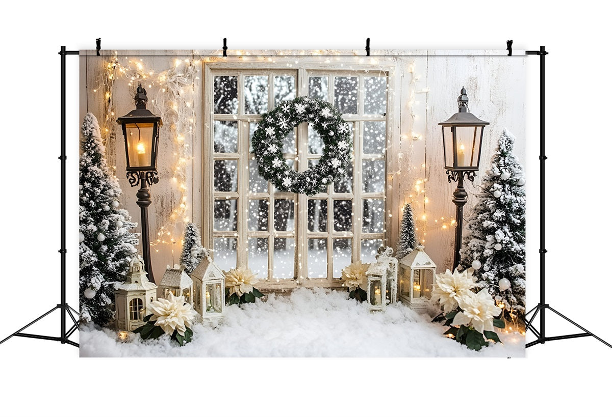 Toile de fond Noël Fenêtre Enneigée et Couronne Lumineuse Blanche GQ58-3