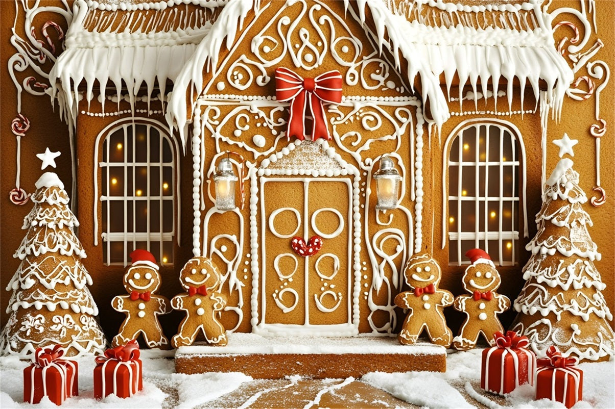 Toile de fond Noël Manoir Biscuit Givré avec Cadeaux GQ58-33