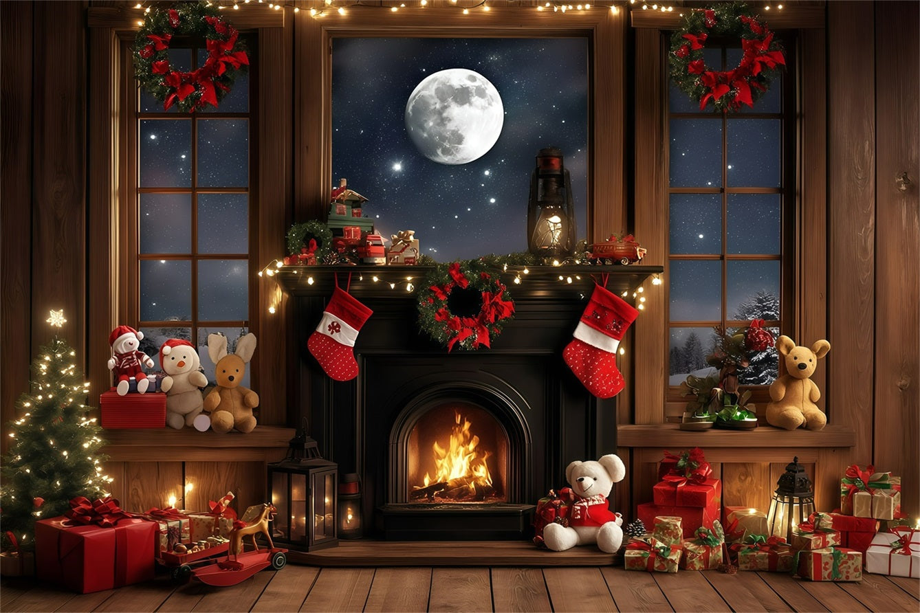 Toile de fond Noël Cheminée Douillette Clair de Lune 10x10 GQ58-36