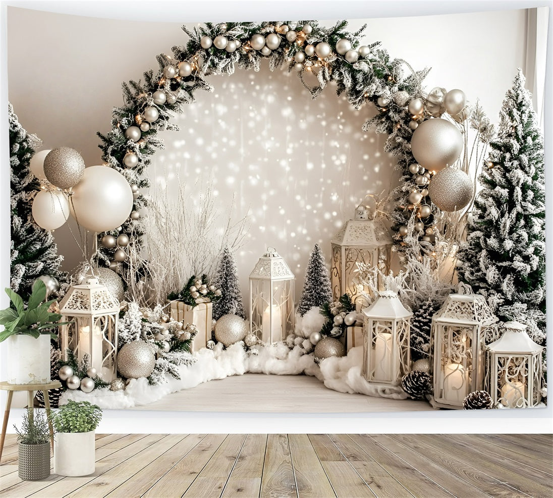 Toile de fond photo Noël Lanterne Blanche et Guirlande de Sapin Givré GQ58-37