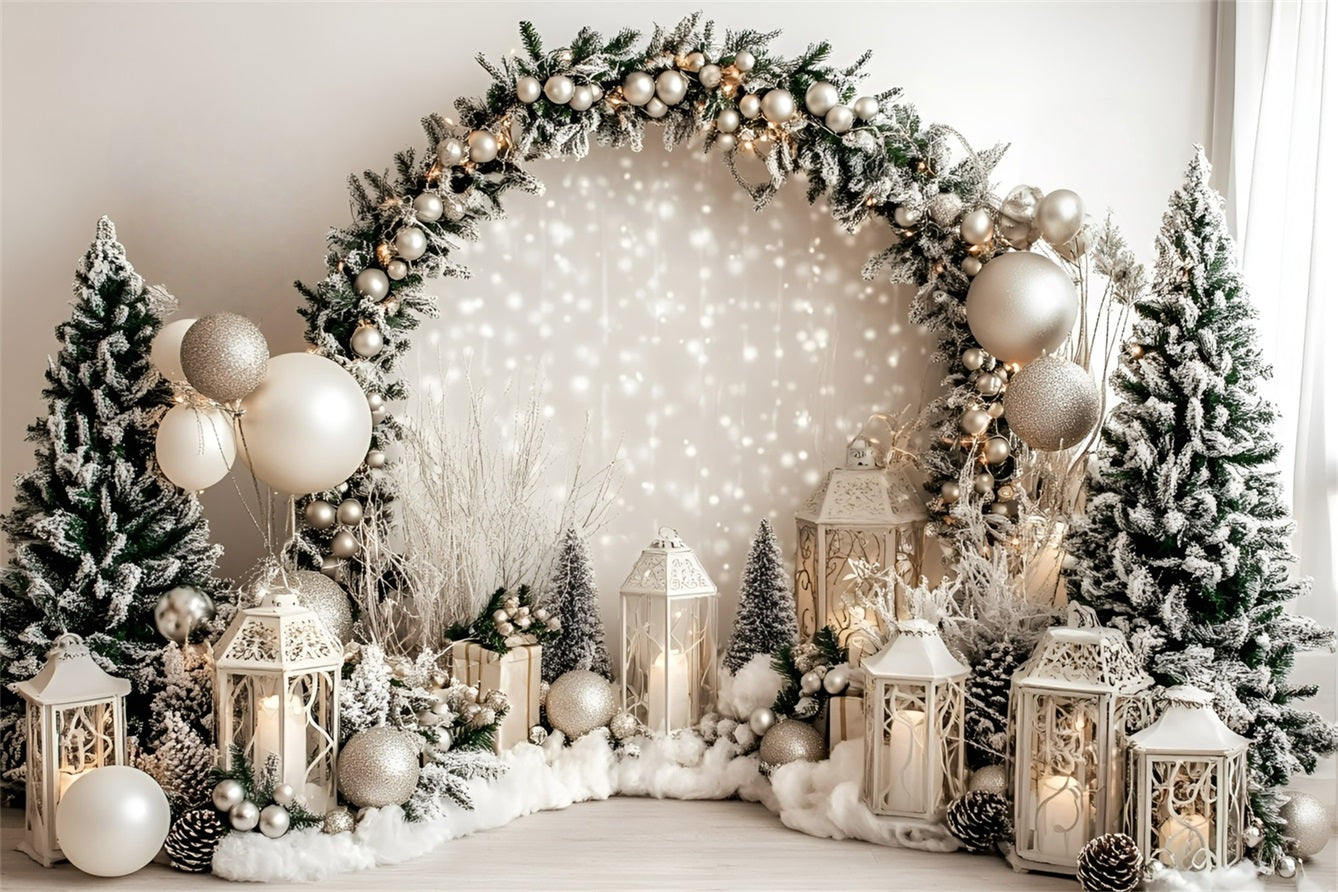 Toile de fond photo Noël Lanterne Blanche et Guirlande de Sapin Givré GQ58-37