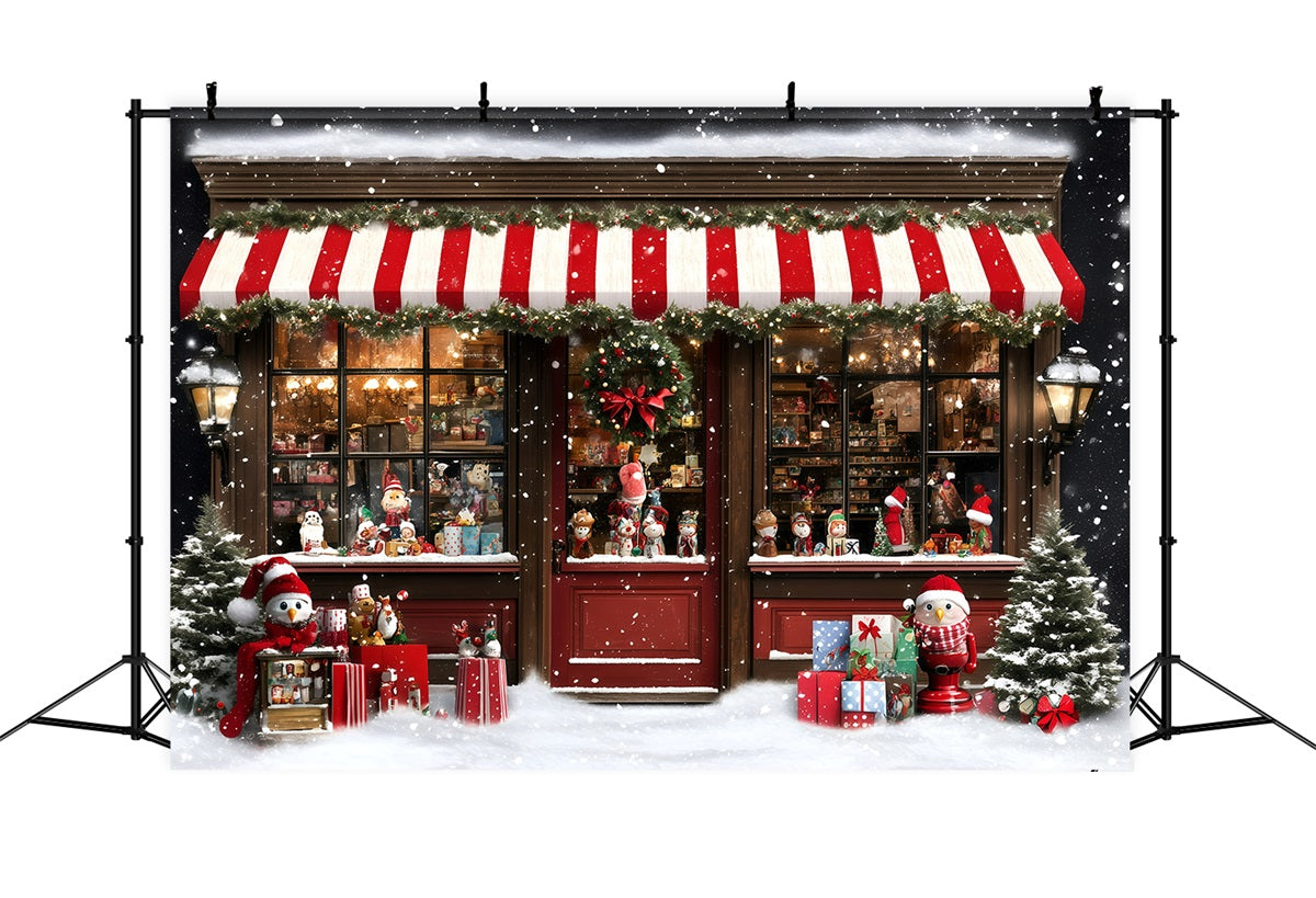 Toile de fond photo Noël Boutique de Jouets Enneigée avec Store Rayé GQ58-38