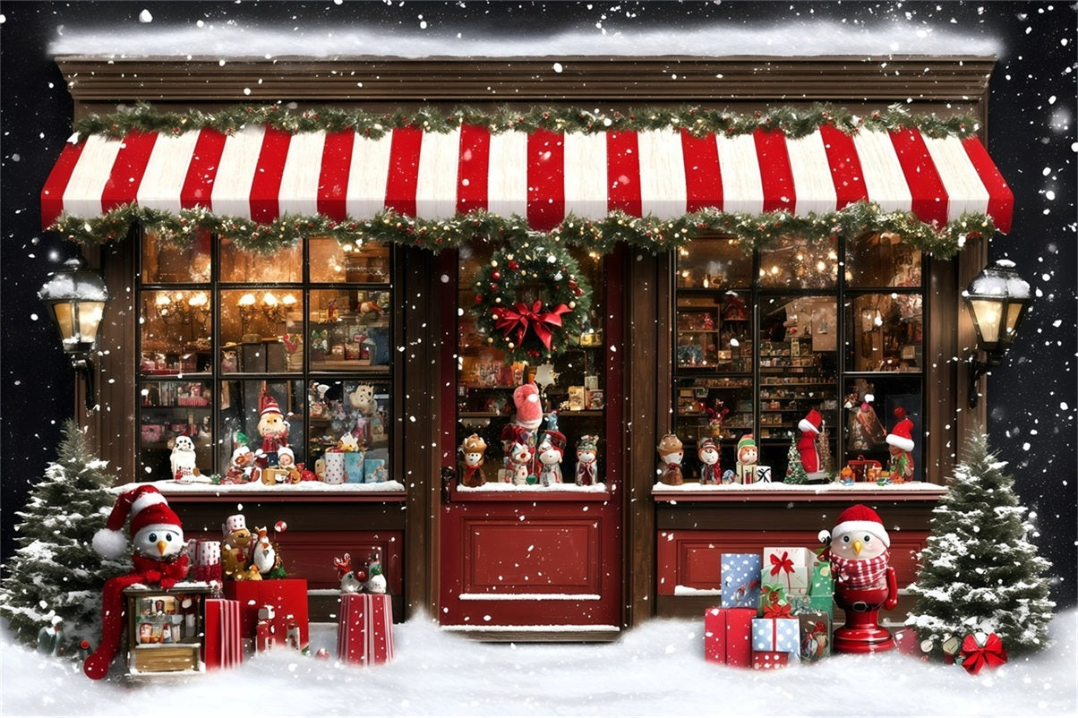 Toile de fond photo Noël Boutique de Jouets Enneigée avec Store Rayé GQ58-38