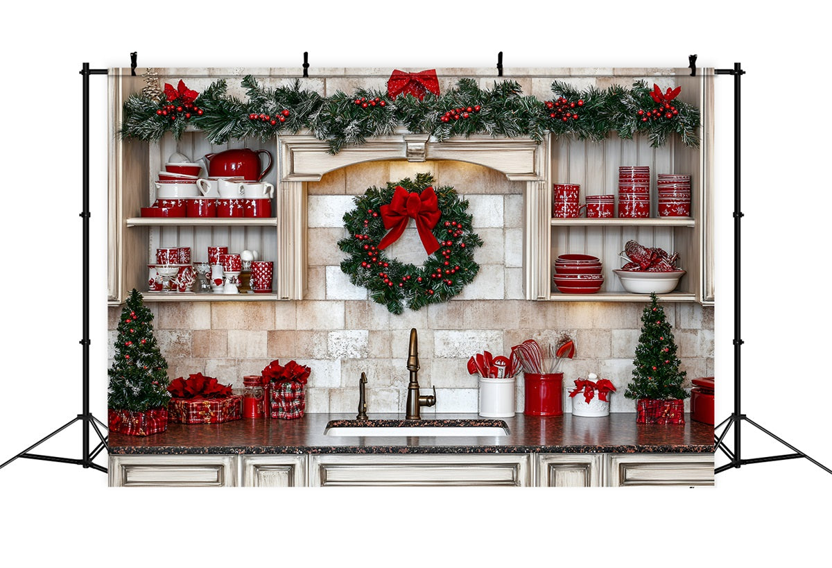 Toile de fond Noël Cuisine Rouge avec Vaisselle Festive GQ58-39