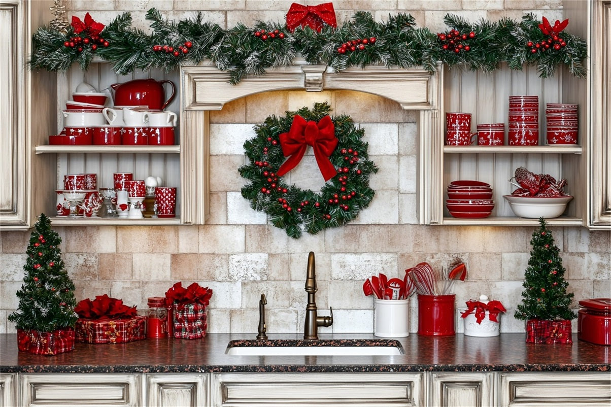 Toile de fond Noël Cuisine Rouge avec Vaisselle Festive GQ58-39