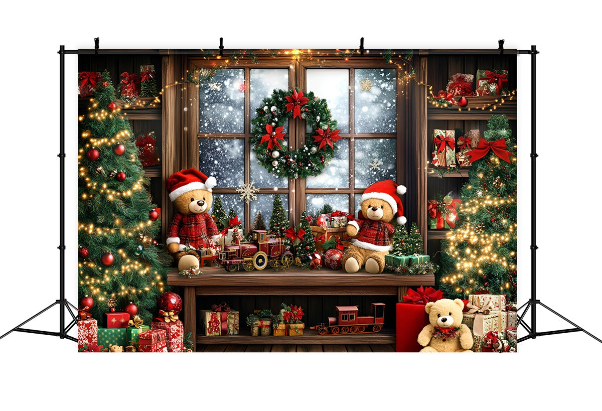 Toile de fond photo Noël Train Ours et Vitrine Cadeaux GQ58-40