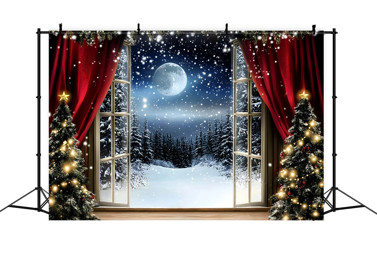 Toile de fond Noël Rideau Rouge et Nuit de Neige GQ58-41