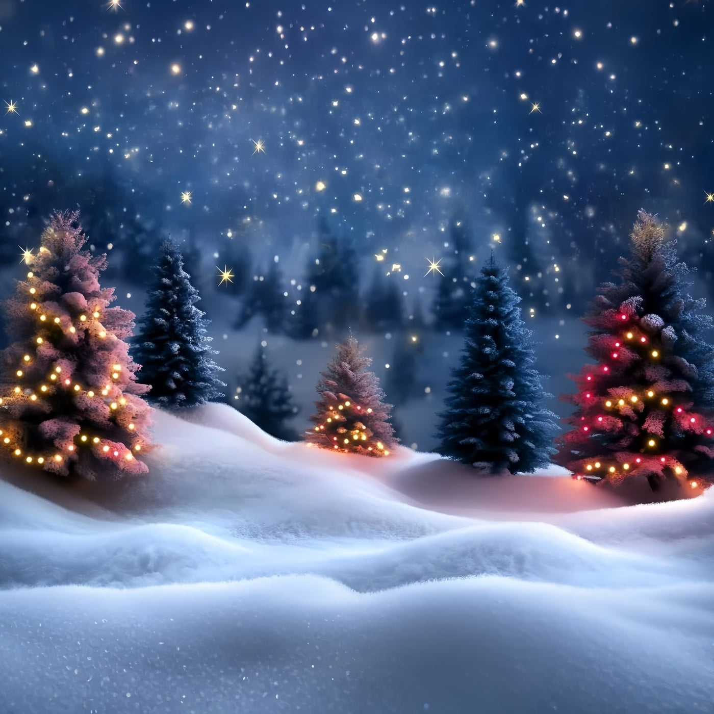 Toile de fond Noël Nuit Étoilée et Sapins Enneigés GQ58-42