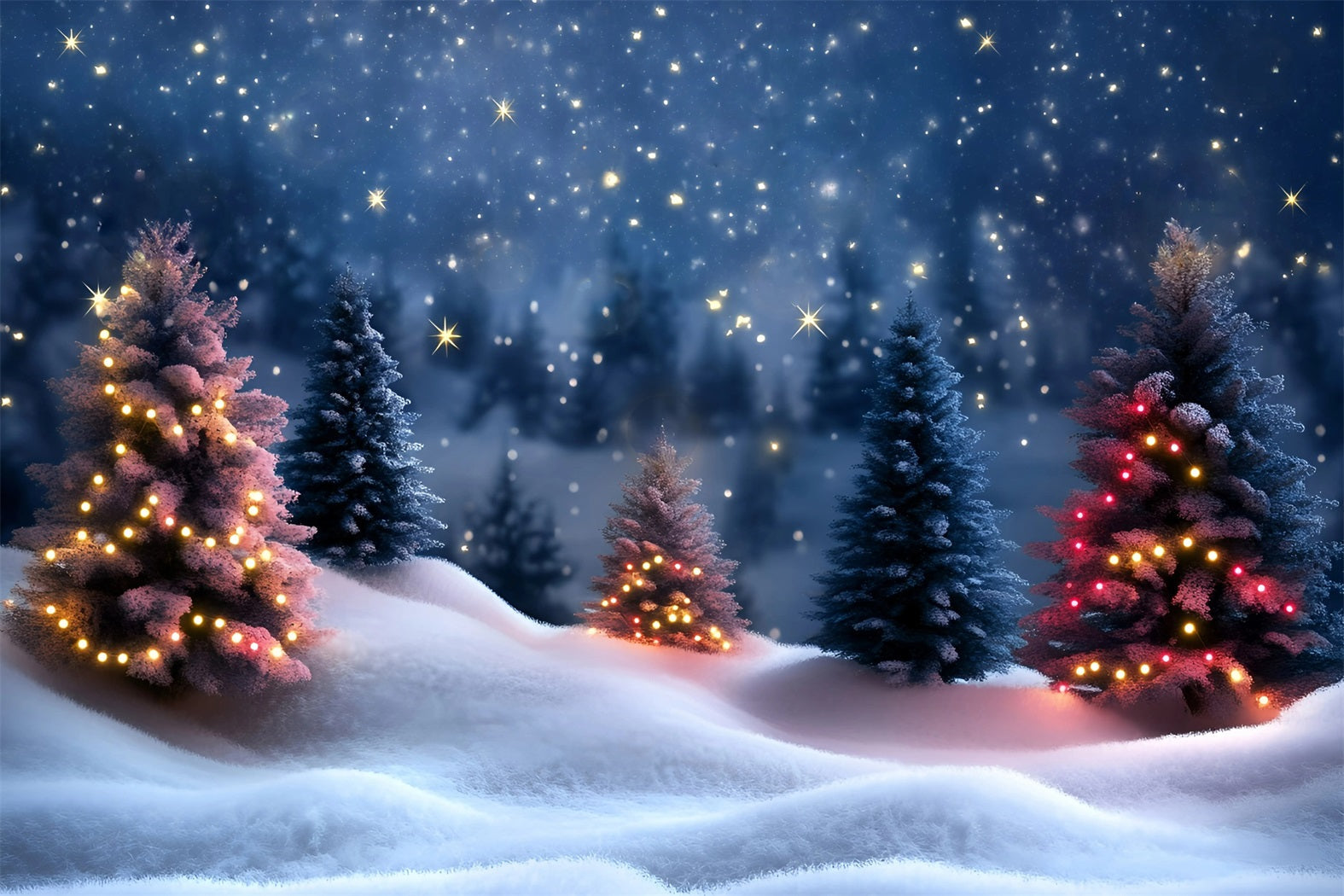 Toile de fond Noël Nuit Étoilée et Sapins Enneigés GQ58-42