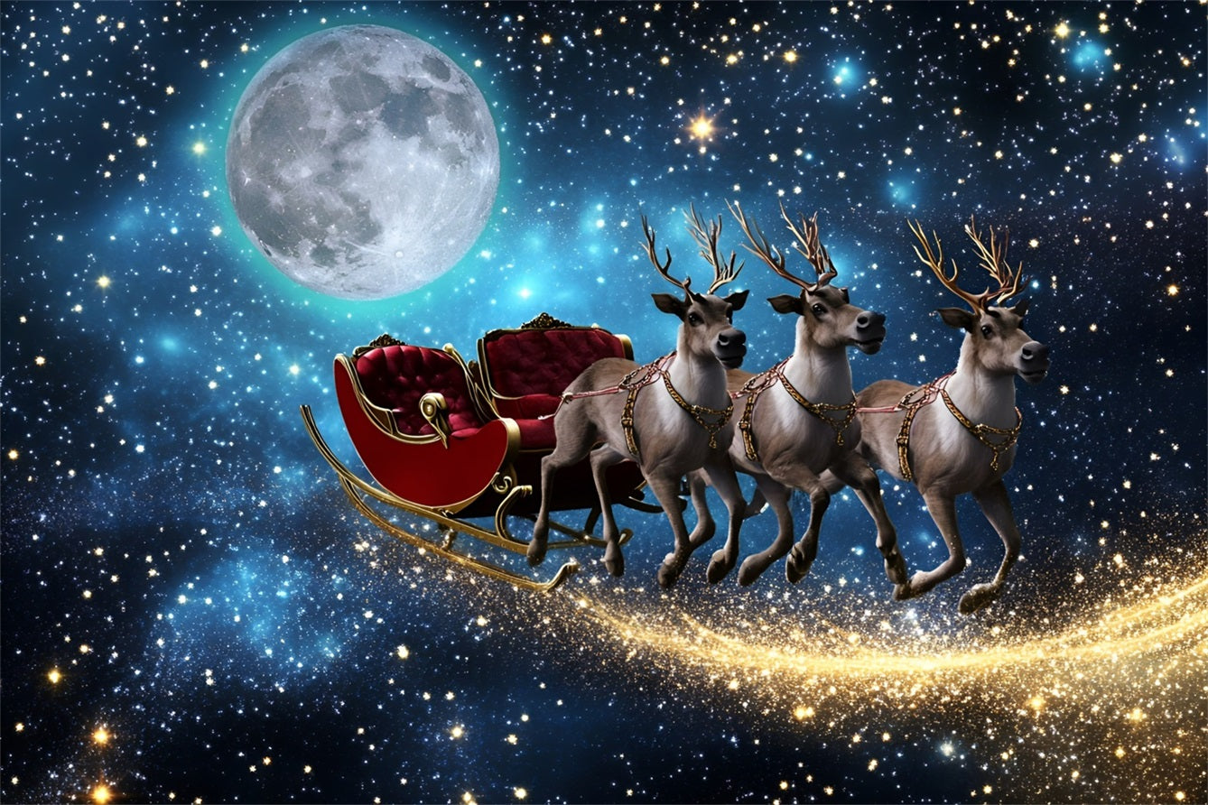 Toile de fond Noël Traîneau du Père Noël Volant sous la Lune GQ58-44