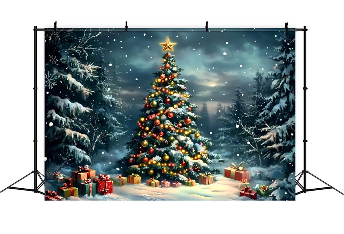 Toile de fond Noël Sapin Décoré dans Forêt de Pins Enneigée GQ58-45
