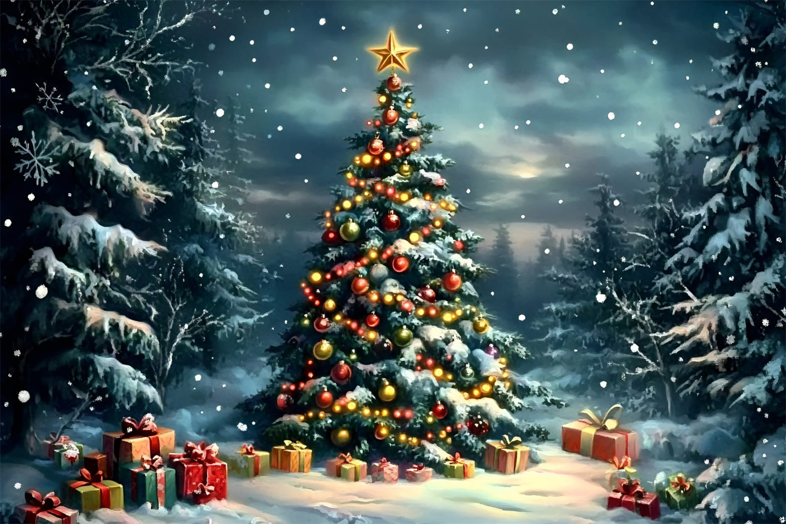 Toile de fond Noël Sapin Décoré dans Forêt de Pins Enneigée GQ58-45