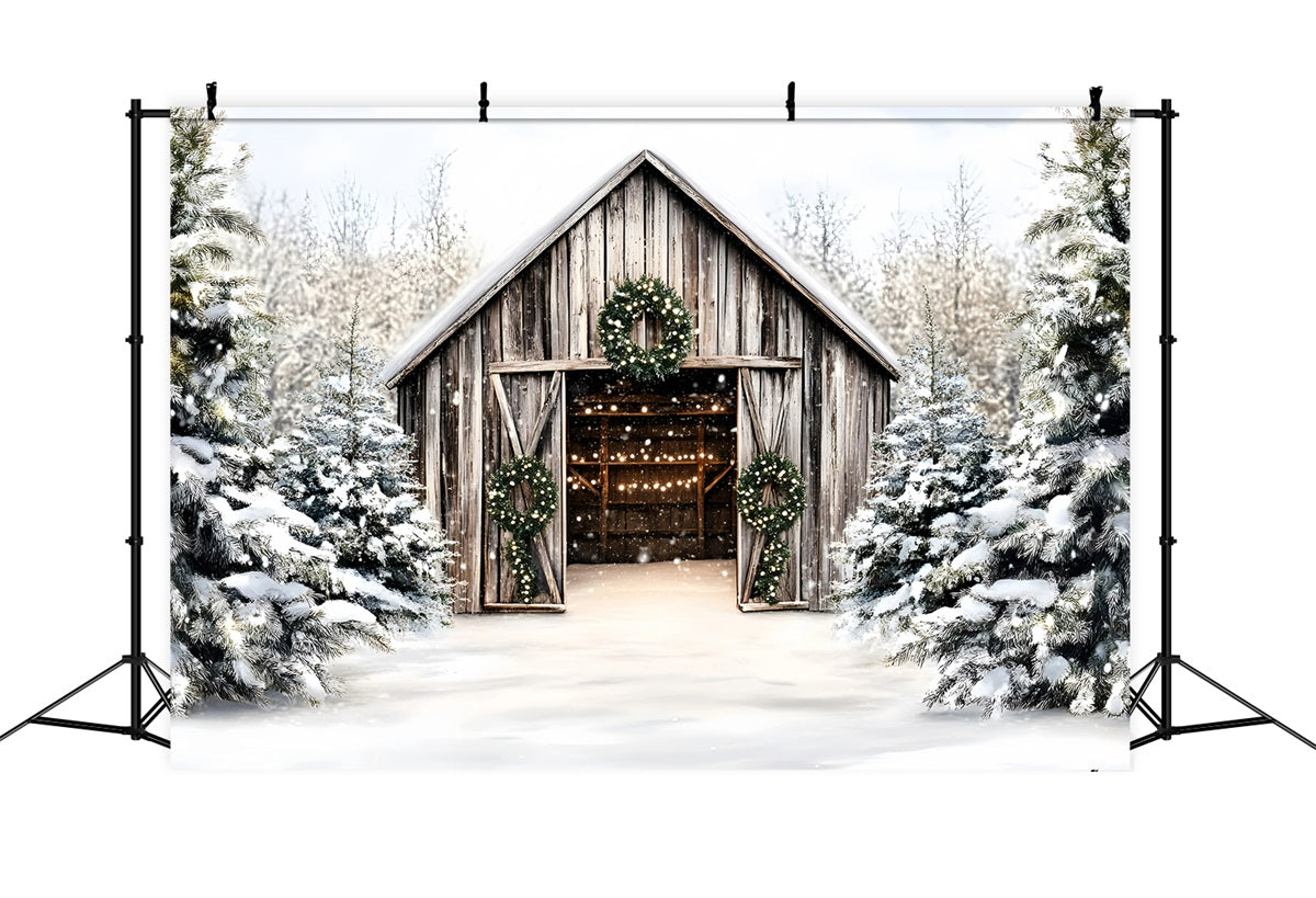 Toile de fond Noël Grange Rustique avec Couronnes GQ58-46