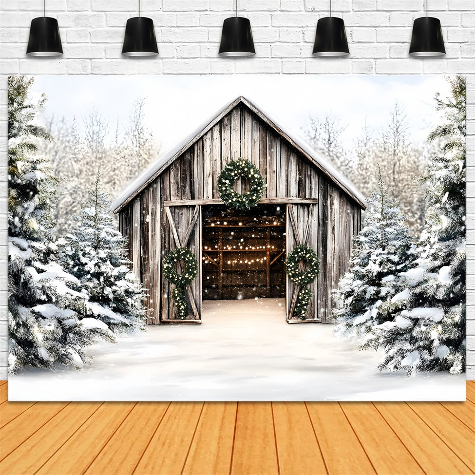 Toile de fond Noël Grange Rustique avec Couronnes GQ58-46