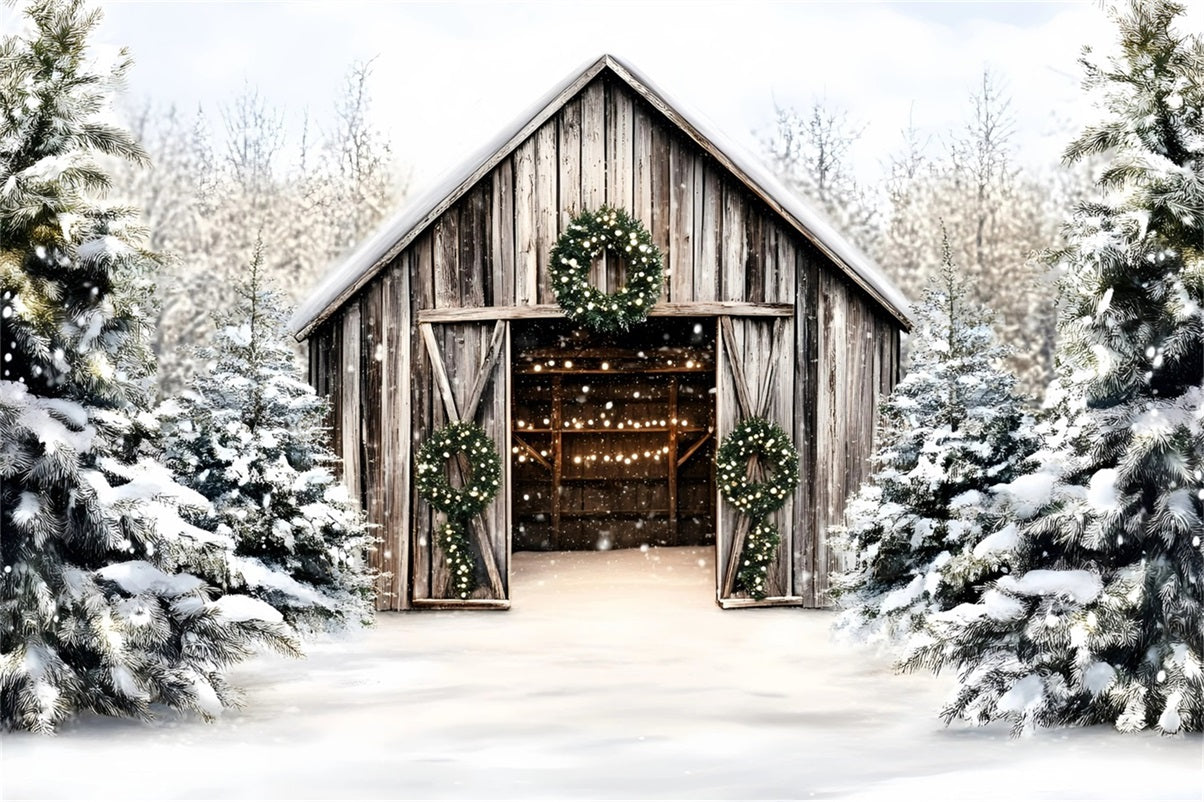 Toile de fond Noël Grange Rustique avec Couronnes GQ58-46