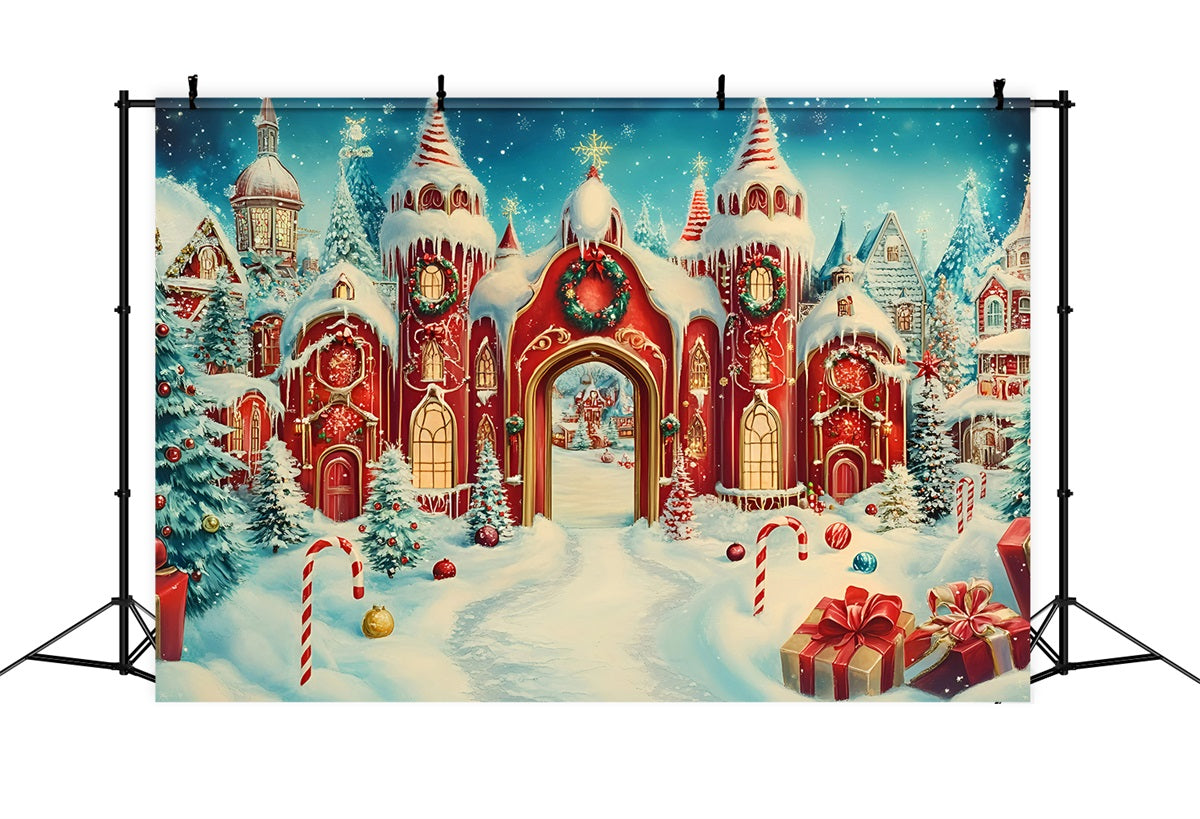 Toile de fond photo Noël Château Sucre d’Orge et Tours Enneigées GQ58-55