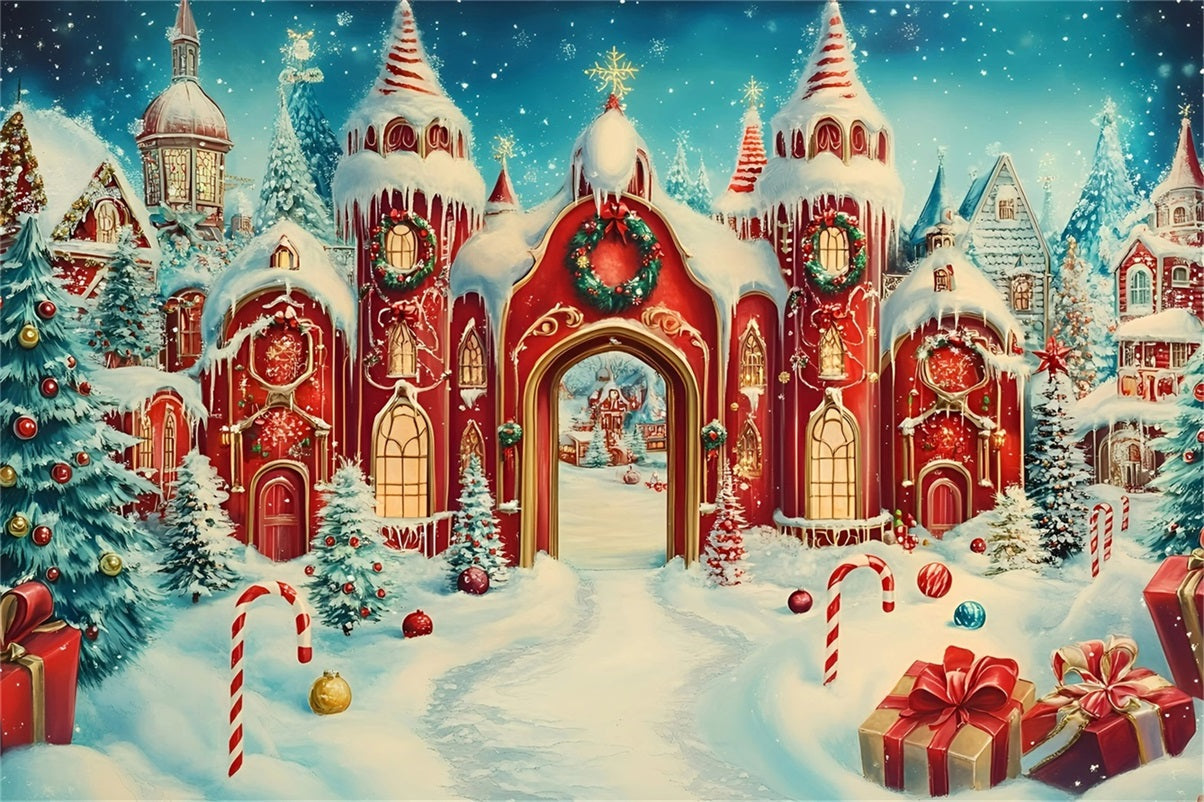 Toile de fond photo Noël Château Sucre d’Orge et Tours Enneigées GQ58-55