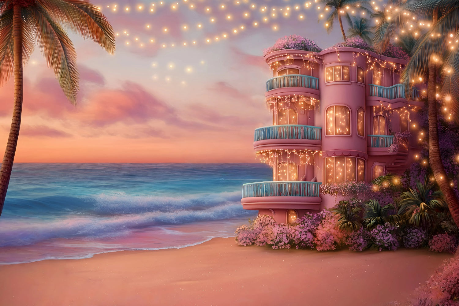 Toile de fond Barbie Coucher de Soleil Villa Côtière Été GQ6-10