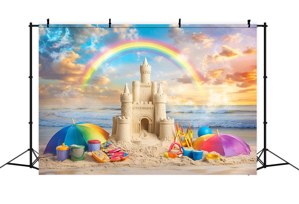 Toile de fond Été Plage Château de Sable Coucher Arc-en-Ciel GQ6-17