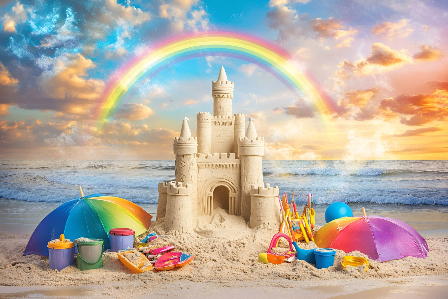 Toile de fond Été Plage Château de Sable Coucher Arc-en-Ciel GQ6-17
