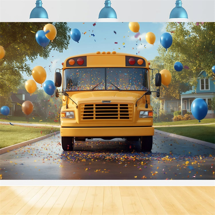 Toile de fond Retour à l’École Bus Scolaire Joyeux Ballons GQ6-181