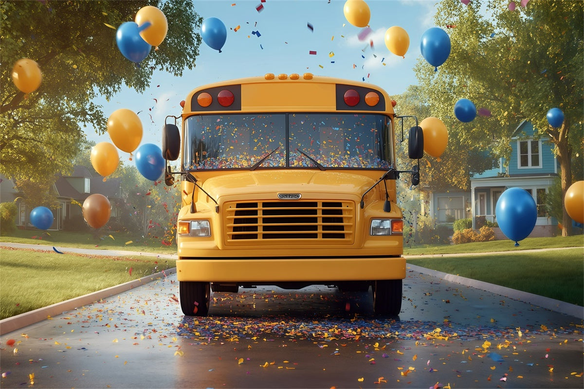 Toile de fond Retour à l’École Bus Scolaire Joyeux Ballons GQ6-181