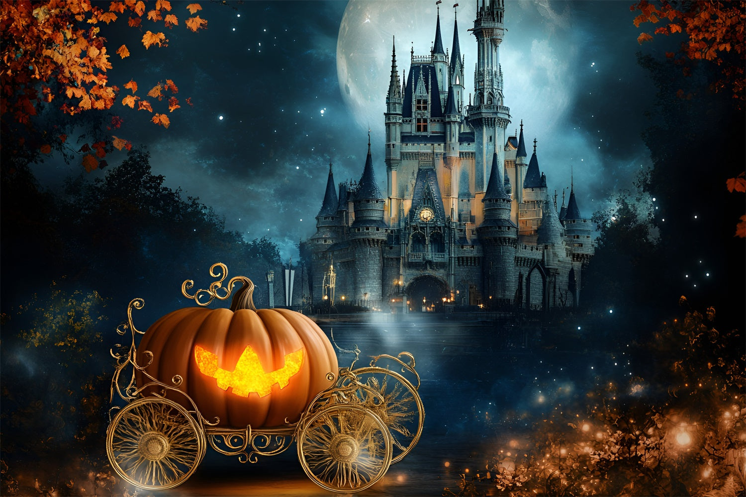 Toile de fond Halloween Château Carrosse Citrouille GQ6-185