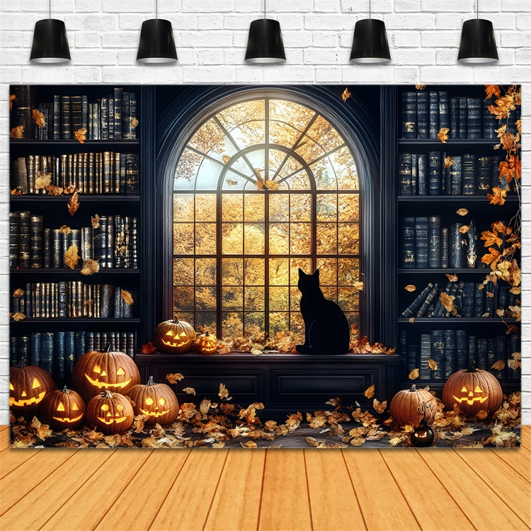 Toile de fond Halloween Bibliothèque Hantée Lumière de Citrouille GQ6-188
