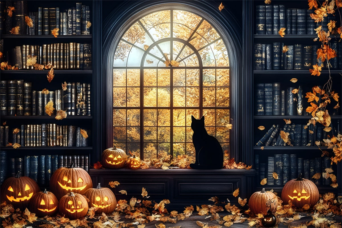 Toile de fond Halloween Bibliothèque Hantée Lumière de Citrouille GQ6-188