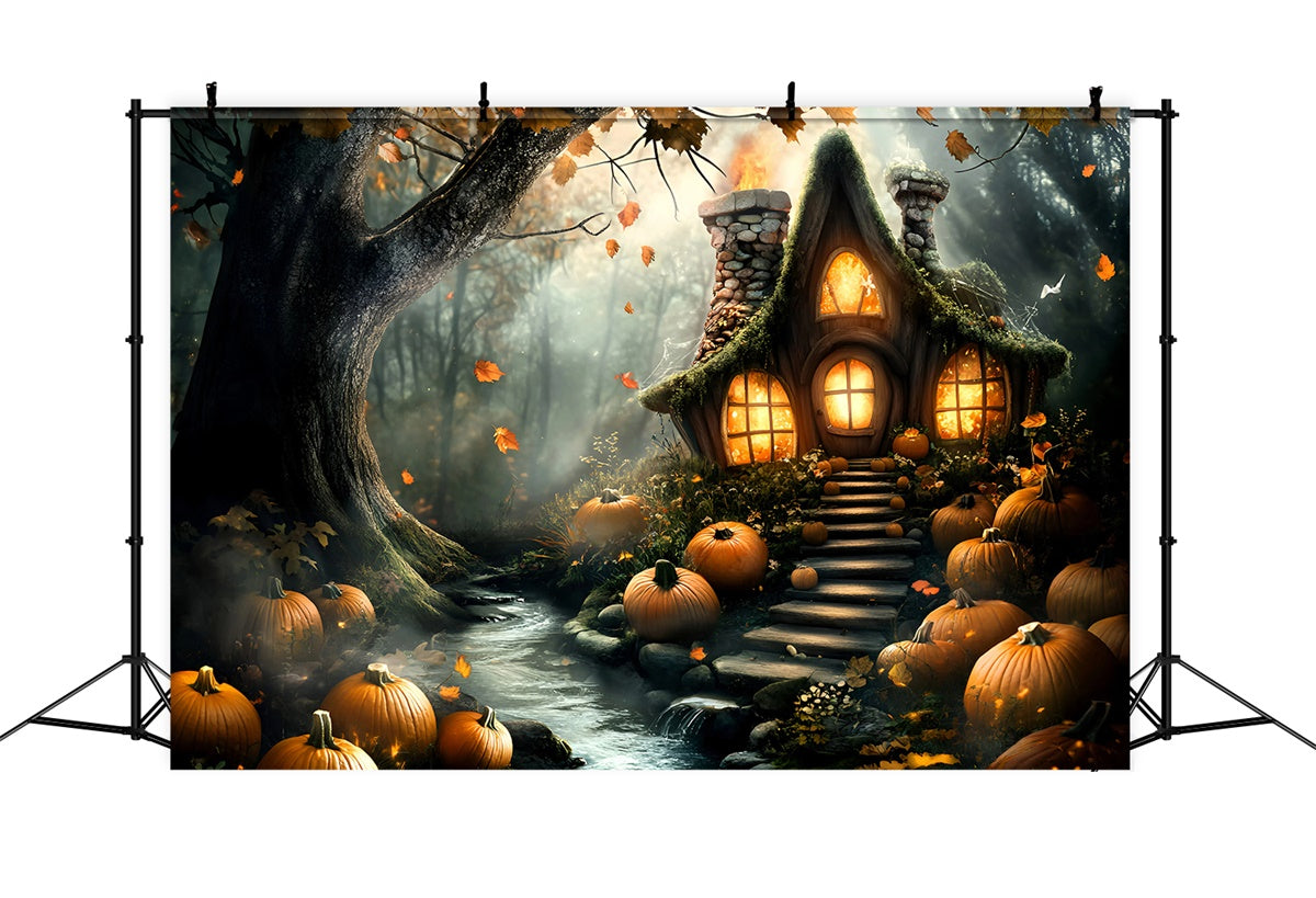Toile de fond Halloween Chaumière Citrouille Hantée GQ6-195