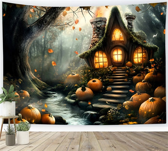 Toile de fond Halloween Chaumière Citrouille Hantée GQ6-195