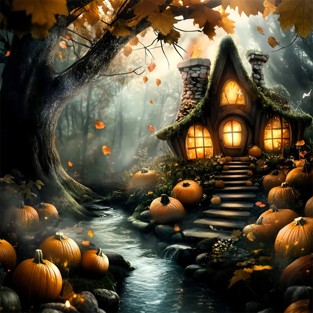 Toile de fond Halloween Chaumière Citrouille Hantée GQ6-195