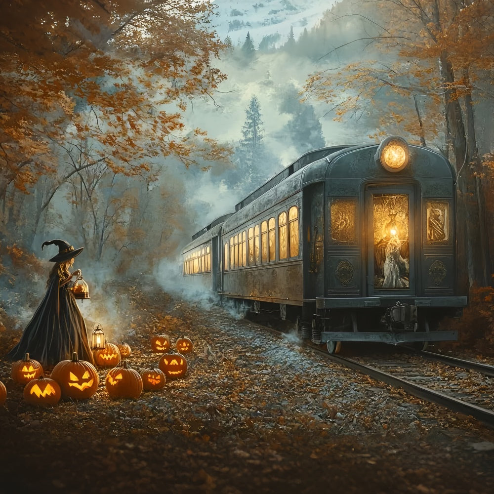 Toile de fond Halloween Voie Ferrée Citrouille Minuit GQ6-199