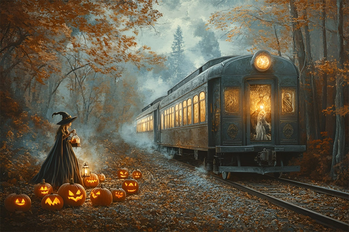 Toile de fond Halloween Voie Ferrée Citrouille Minuit GQ6-199