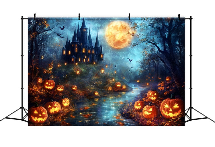 Toile de fond Halloween Château Hanté et Citrouille Lune GQ6-206