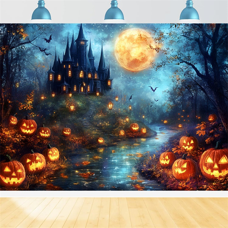 Toile de fond Halloween Château Hanté et Citrouille Lune GQ6-206